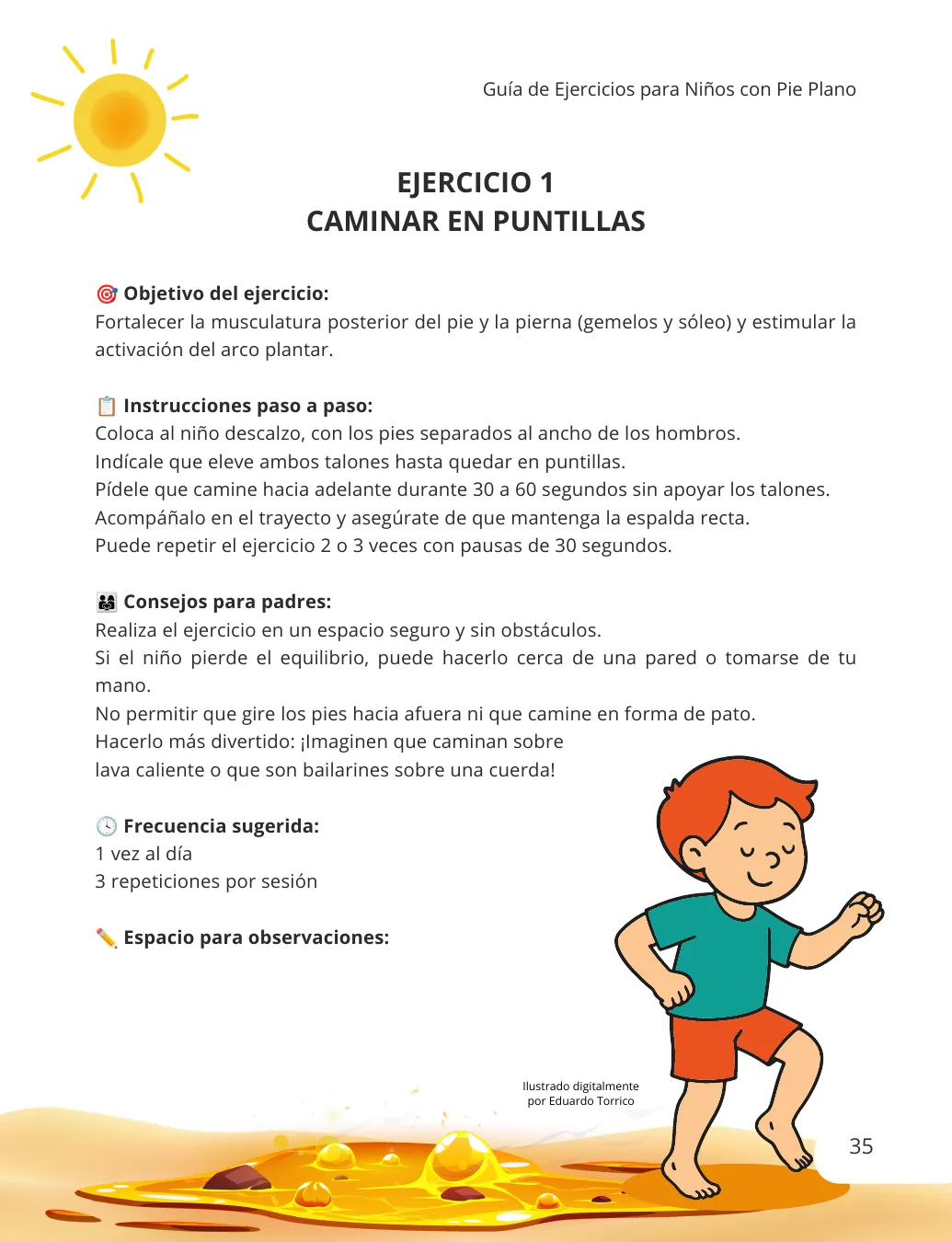 Página del ejercicio 1, caminar en puntillas, con su ilustración