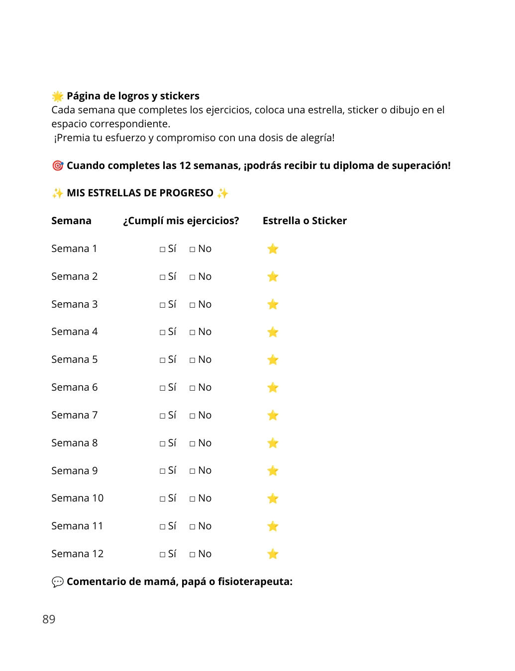 Página de logros con una estrella por cada semana completada