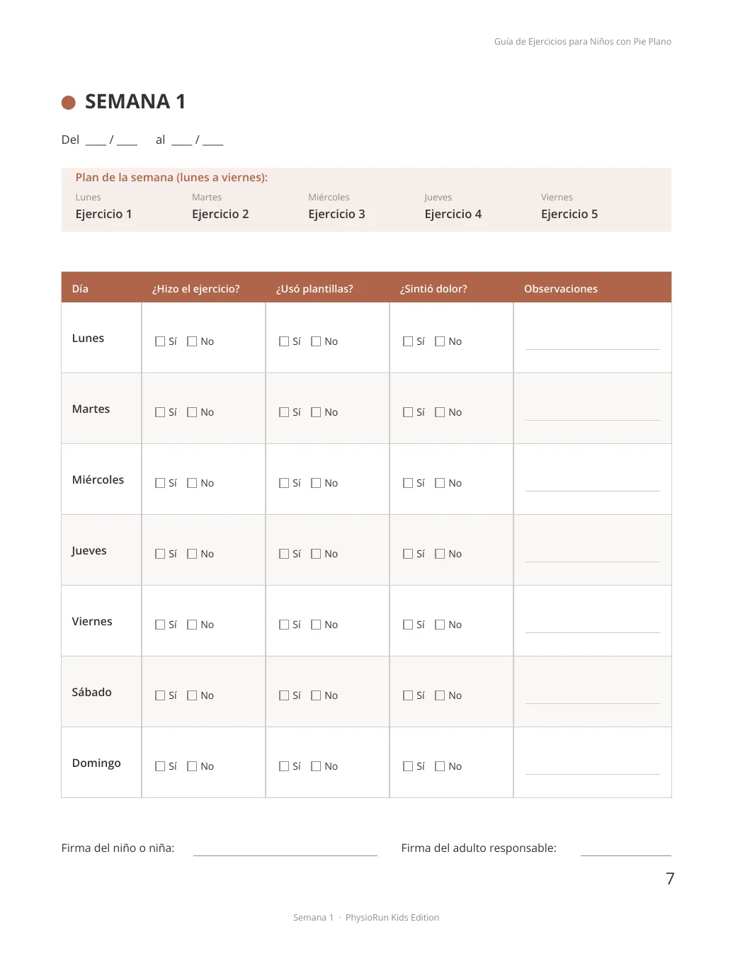 Página de seguimiento de la semana 1, con la tabla de lunes a domingo